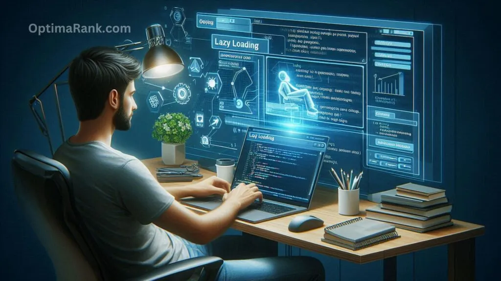 Lazy Loading SEO a man sitting at a desk working on a laptop